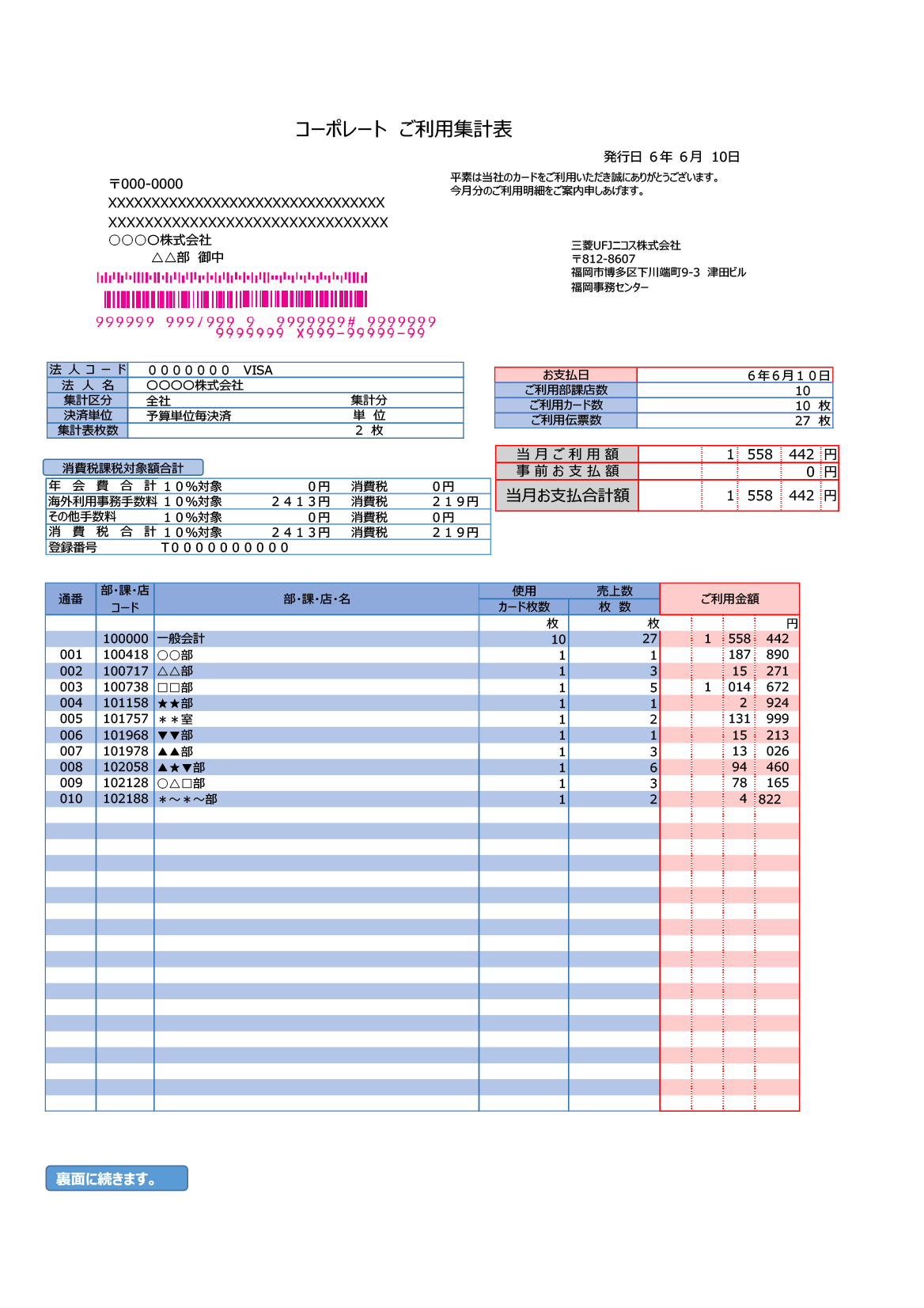 紙媒体の請求書類イメージ③集計表(全社)