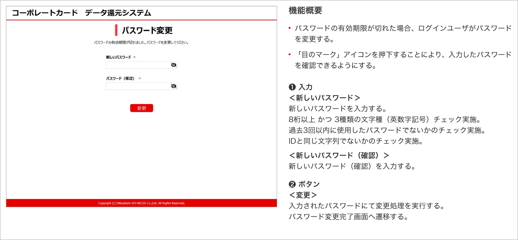 ②パスワード変更画面（有効期限切れ）　機能概要　・パスワードの有効期限が切れた場合、ログインユーザがパスワードを変更する。・「目のマーク」アイコンを押下することにより、入力したパスワードを確認できるようにする。