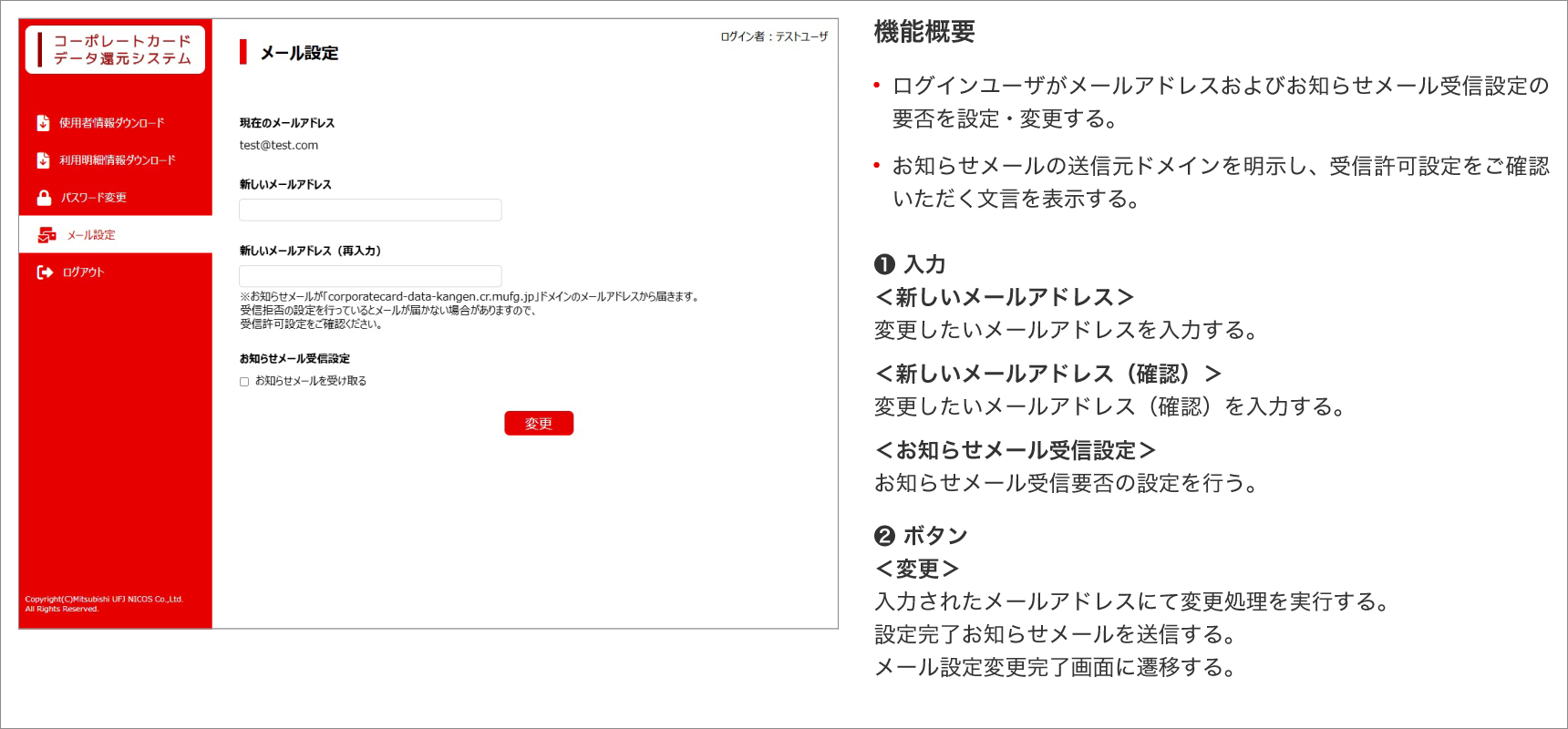 ①メール設定画面　機能概要　・ログインユーザがメールアドレスおよびお知らせメール受信設定の要否を設定・変更する。・お知らせメールの送信元ドメインを明示し、受信許可設定をご確認いただく文言を表示する。